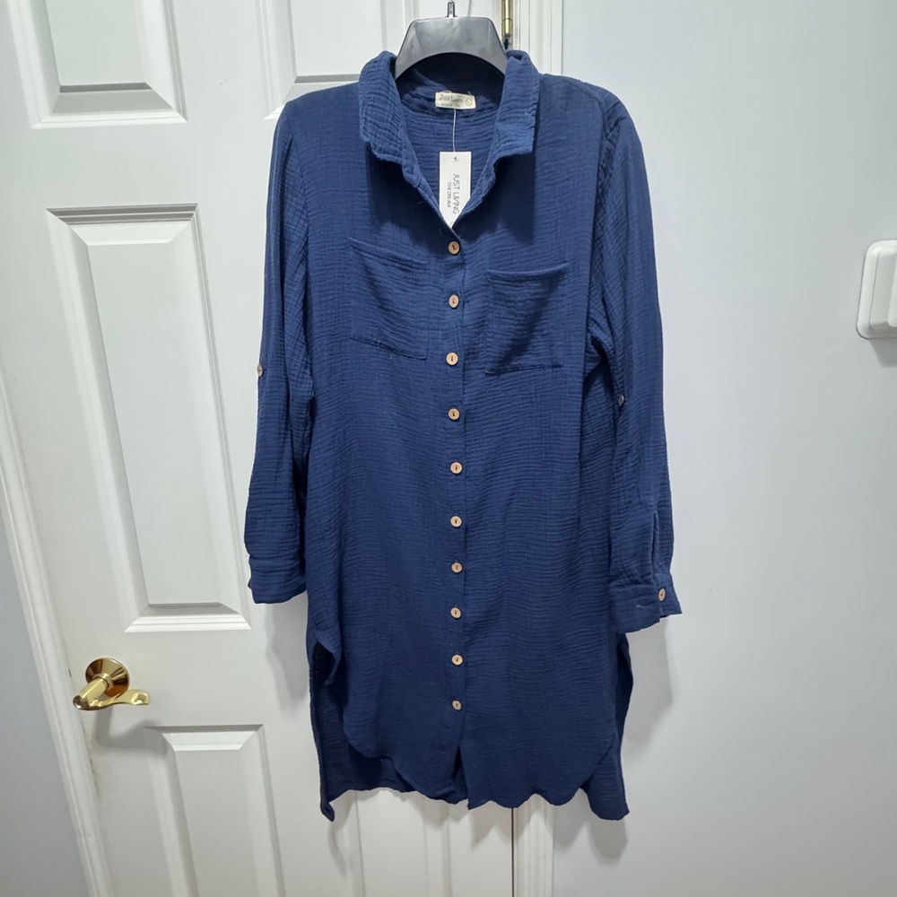 Just Living Blue Long Sleeve cotton Shirt Dress size large